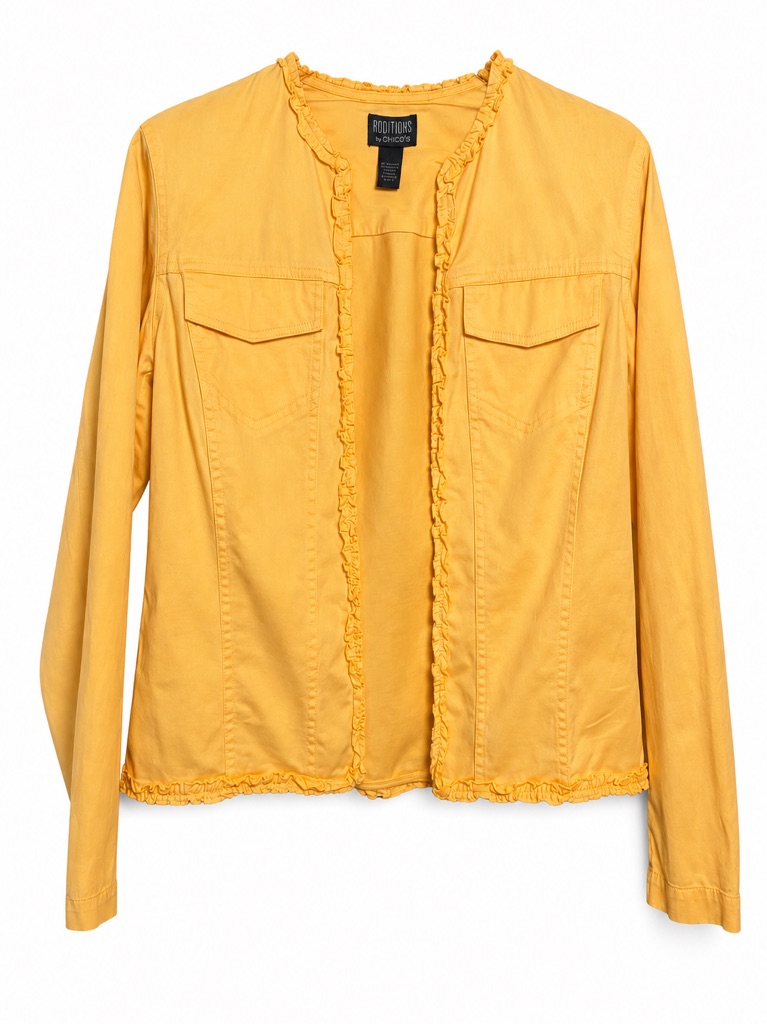 Chico’s Additions Cotton Yellow Ruffle Trimmed Women's Jacket Sz 0/Xs Open Front